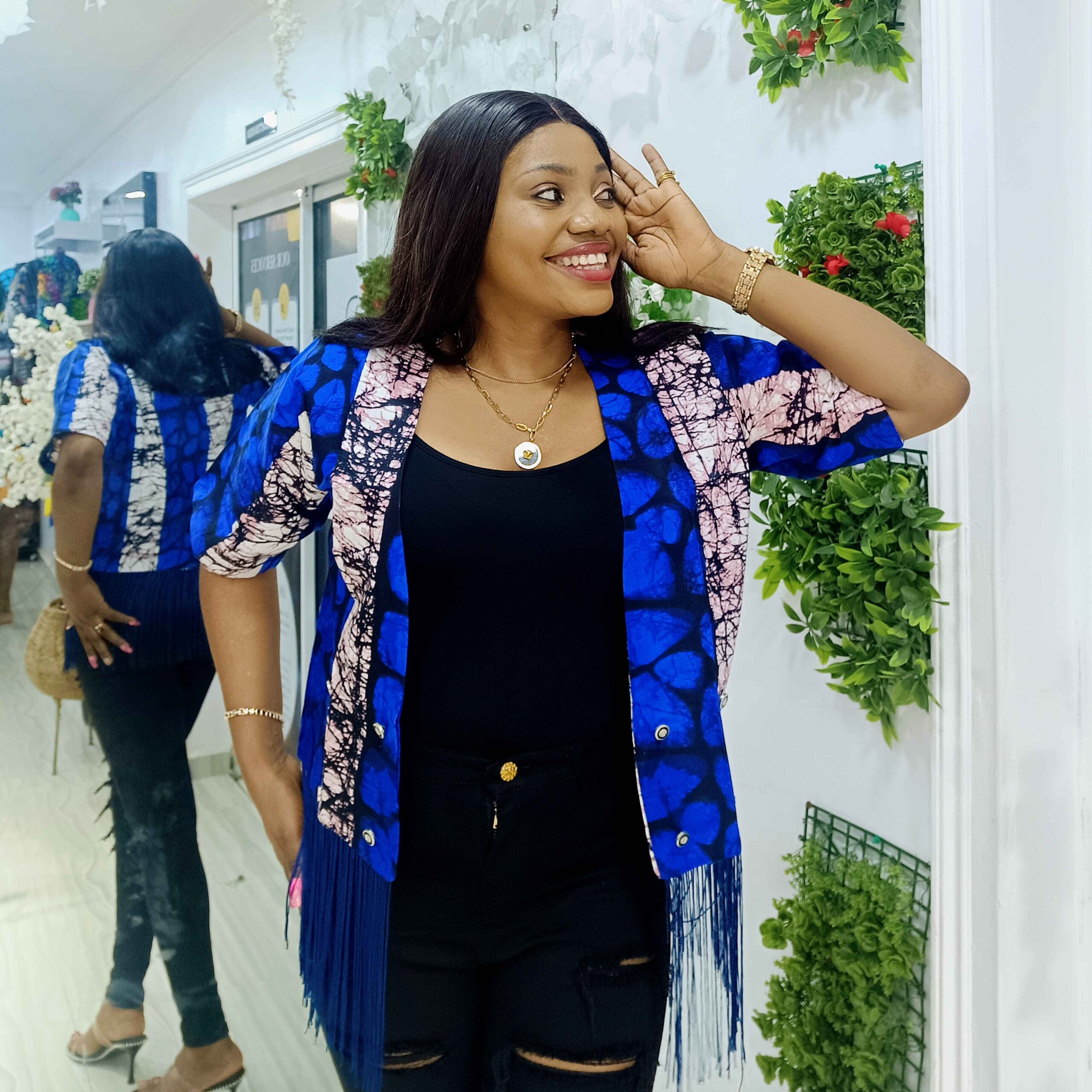 Blue Ankara Crop Jacket with Fringe