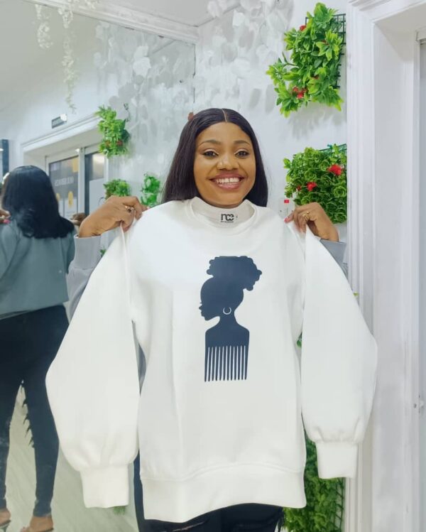 White Sweatshirt with Afro Comb Silhouette