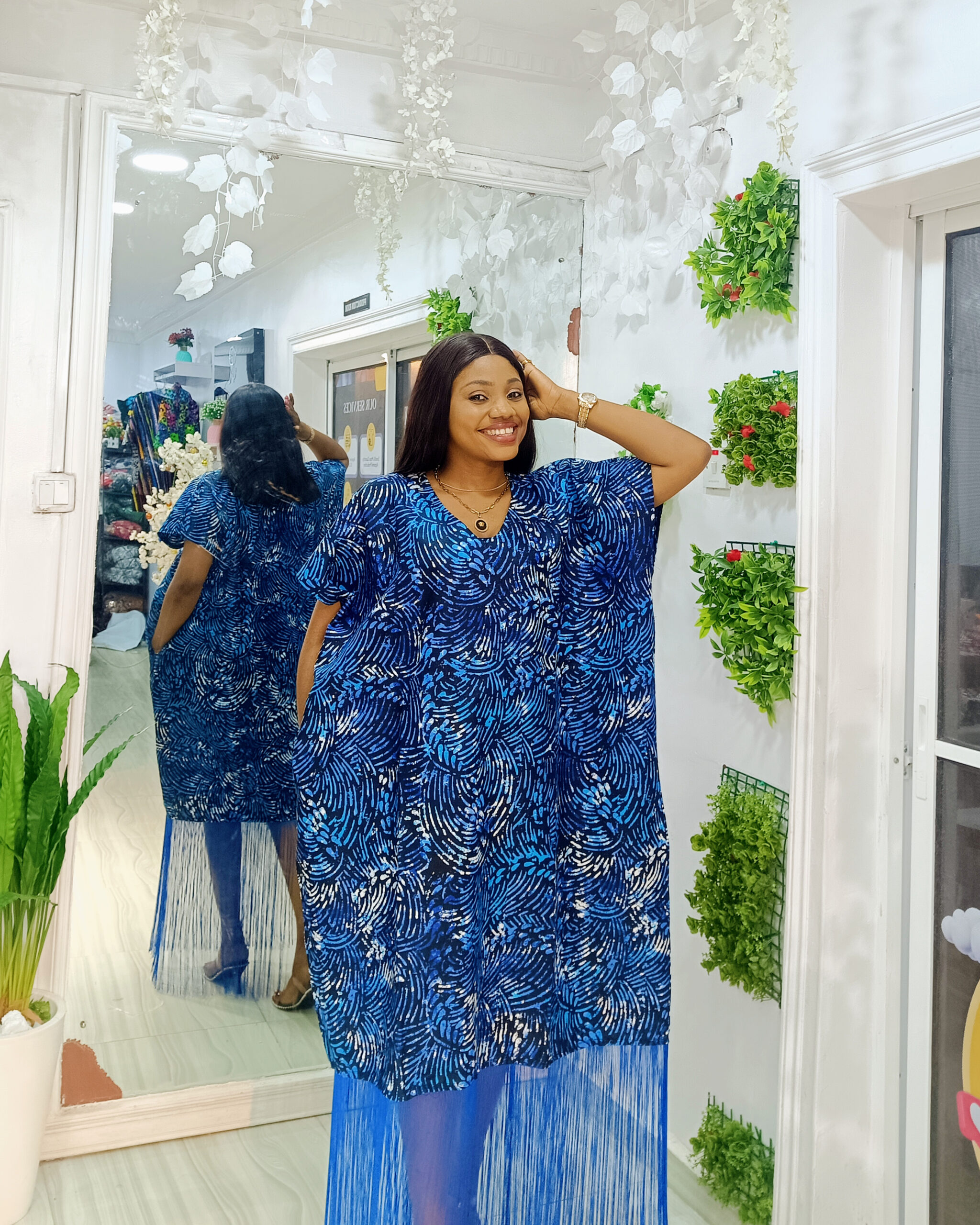 Blue Fringe-Detail Bubu Dress